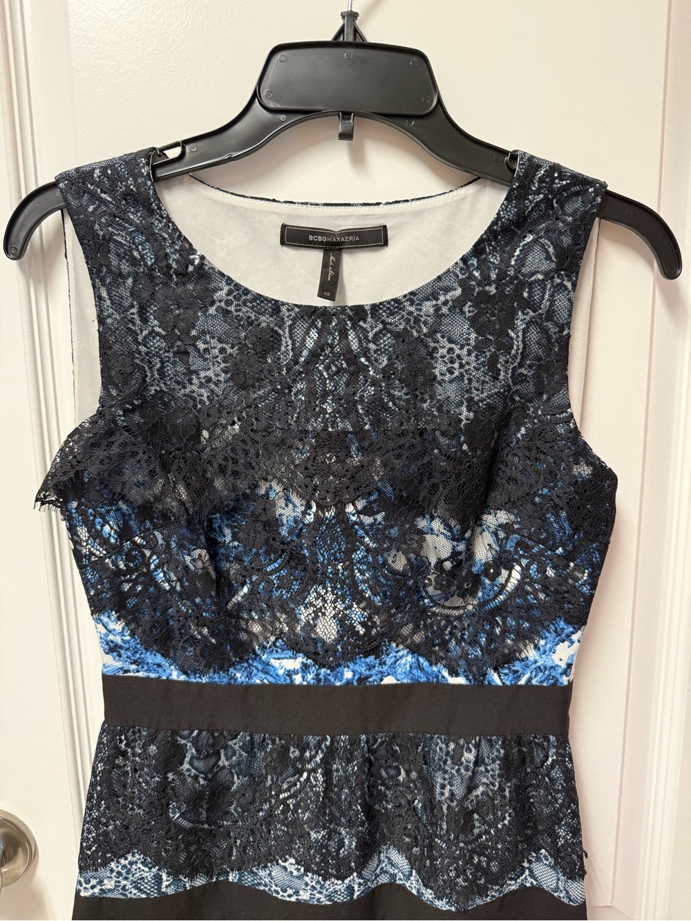 BCBGMaxAzria Black Lace Overlay Dress with Blue Accents